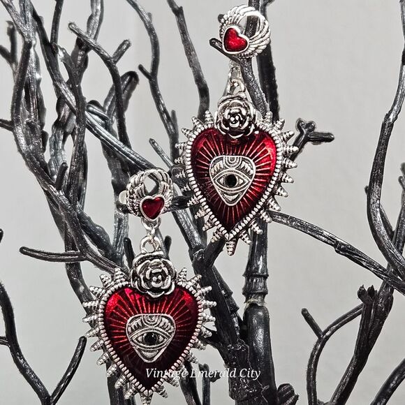 Love All Seing Dangle Earrings Rose & Heart Spikes Mystical Eye Red Enamel Goth - Picture 6 of 15